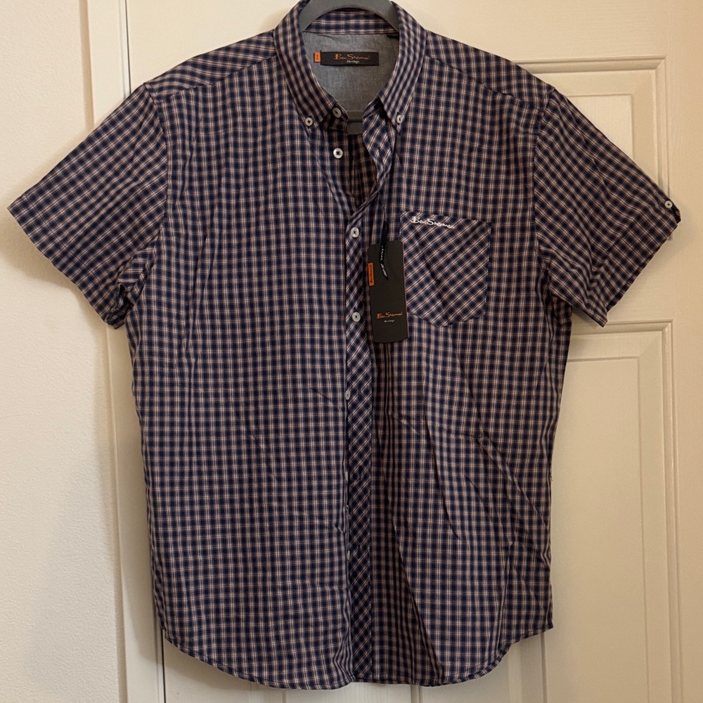 Ben Sherman Men's Blue & Red Checkered Short Sleeve Shirt